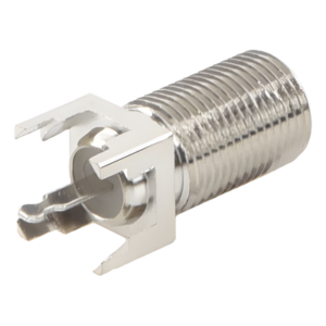 Conector F Hembra / Montaje Vertical PCB / 4 Terminales de Soldadura / Separación 0.32" / Cuerpo Níquel / Contacto Estañado / Dieléctrico Polietileno
